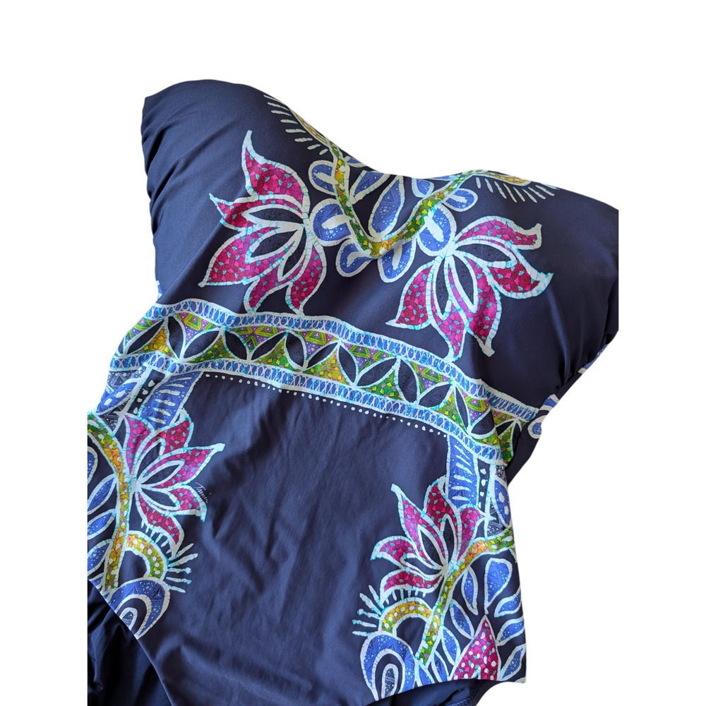 Trina Turk Navy Blue Lotus Batik Bandeau One Piece Swimsuit Size 14 Open Back - Picture 5 of 7
